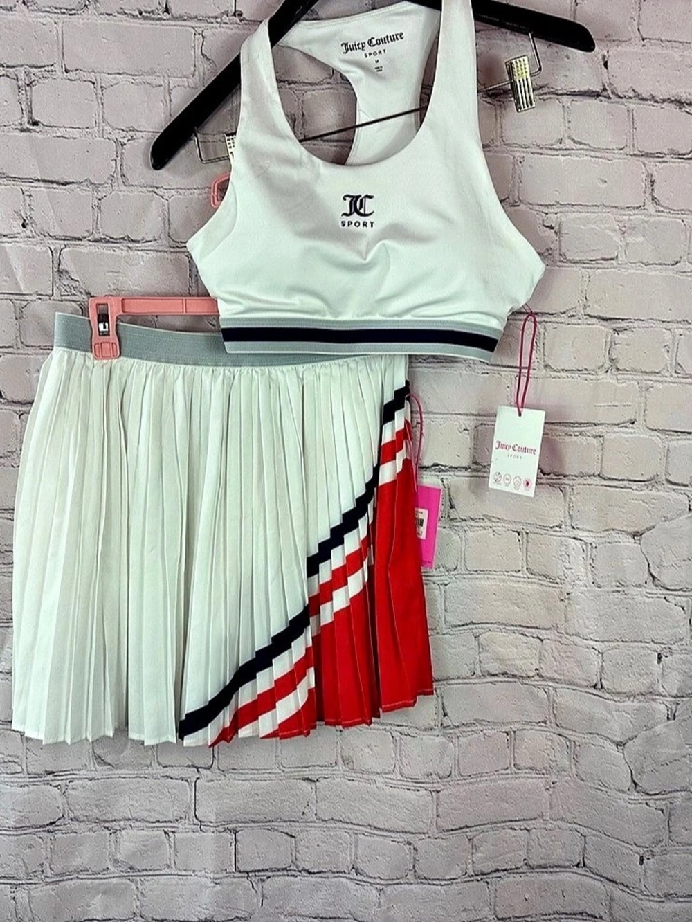 Juicy Couture Sport Tennis Skirt and Sports Bra Set White & Red Medium